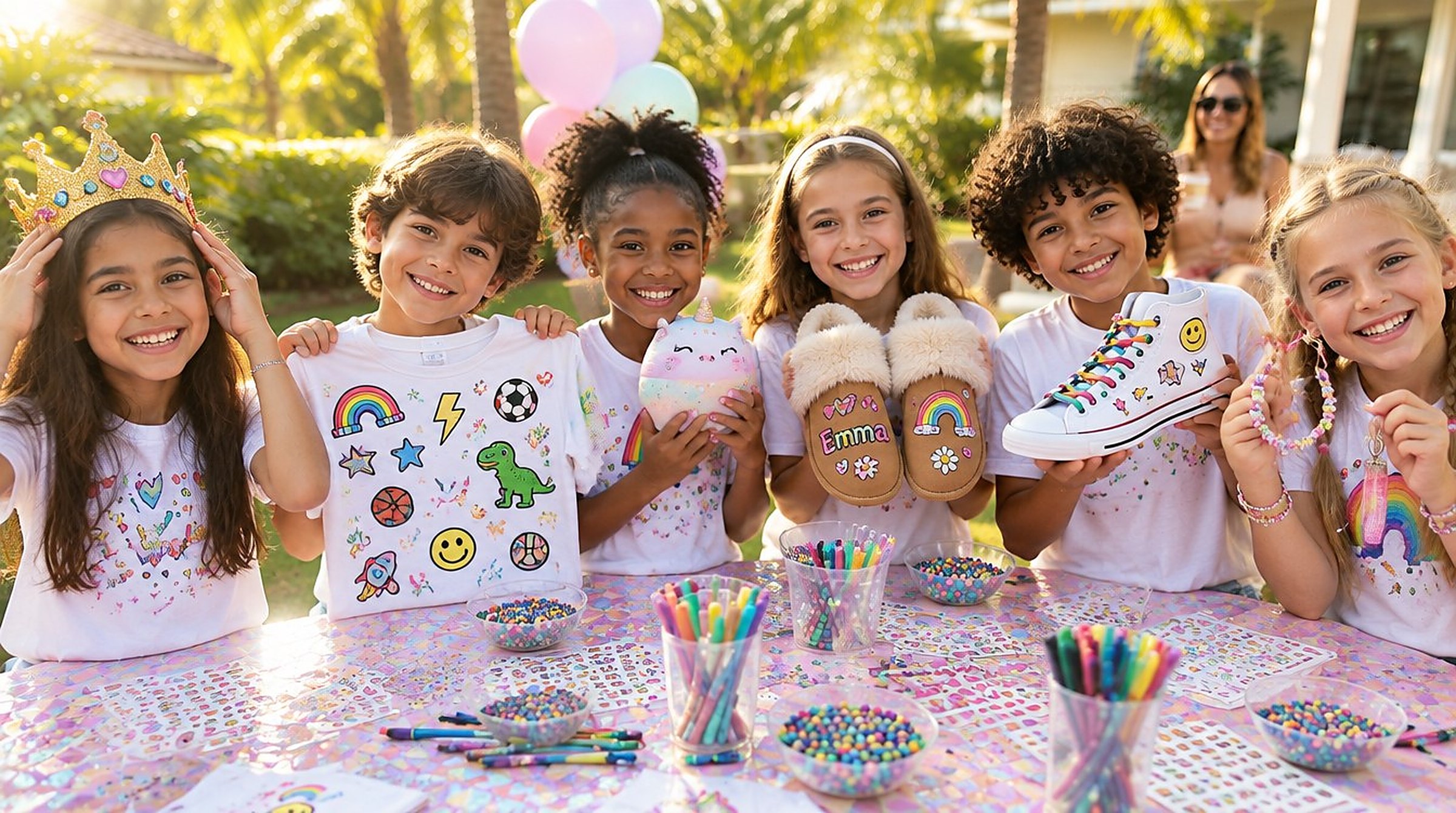 Kids at a StyleChild party showing off custom crowns, tees, slippers, squishies and sneakers