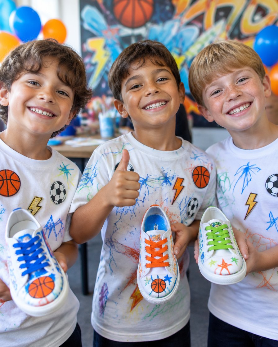 Boys showing custom sneakers and custom tees