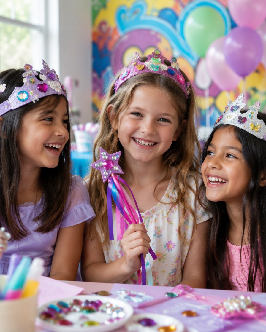 Girls wearing crowns they decorated at a StyleChild party