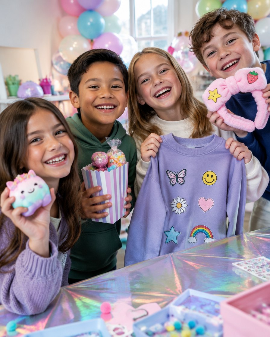 Kids holding squishies, candy boxes and custom sweatshirts