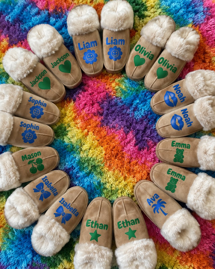 Personalized fur slippers with names and icons