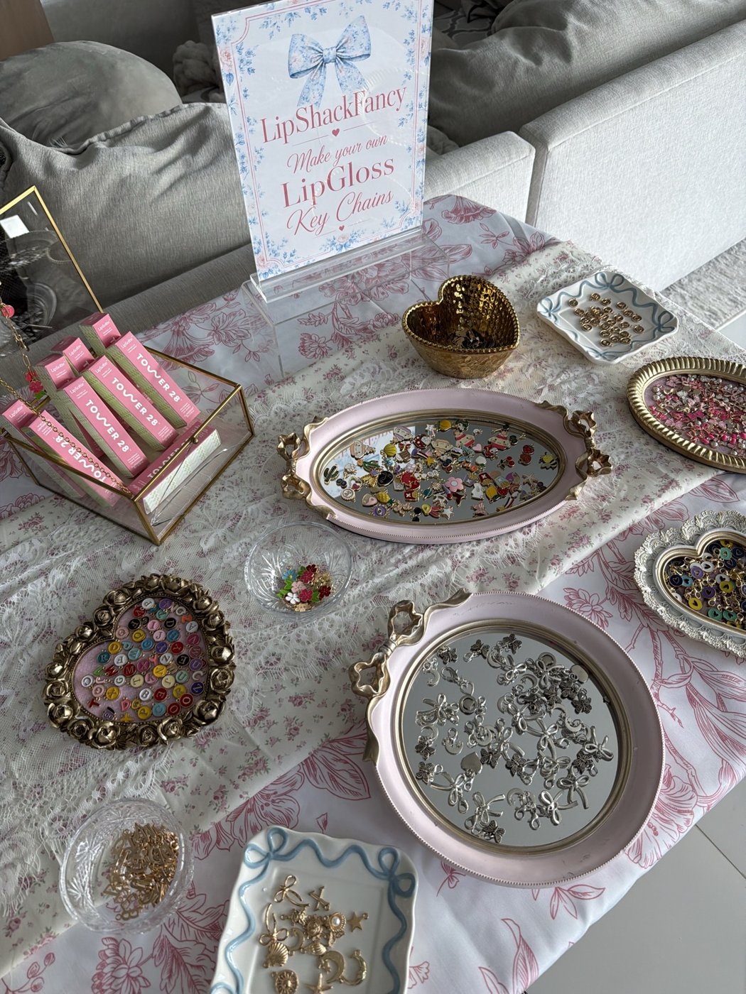 Lip gloss keychain and charm bar set-up
